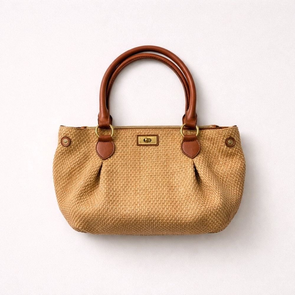 JCREW Brompton Straw and Genuine Leather Tan Brown Hobo Handbag